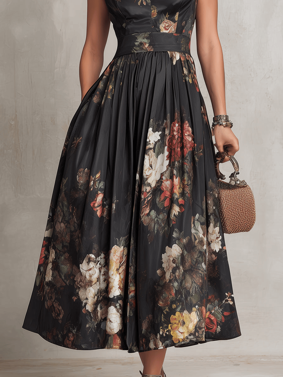 Robe midi en satin noir à col clé, fleurs brodées et plissée, de la marque Danoir Paris, vue sur le devant avec détails floraux.