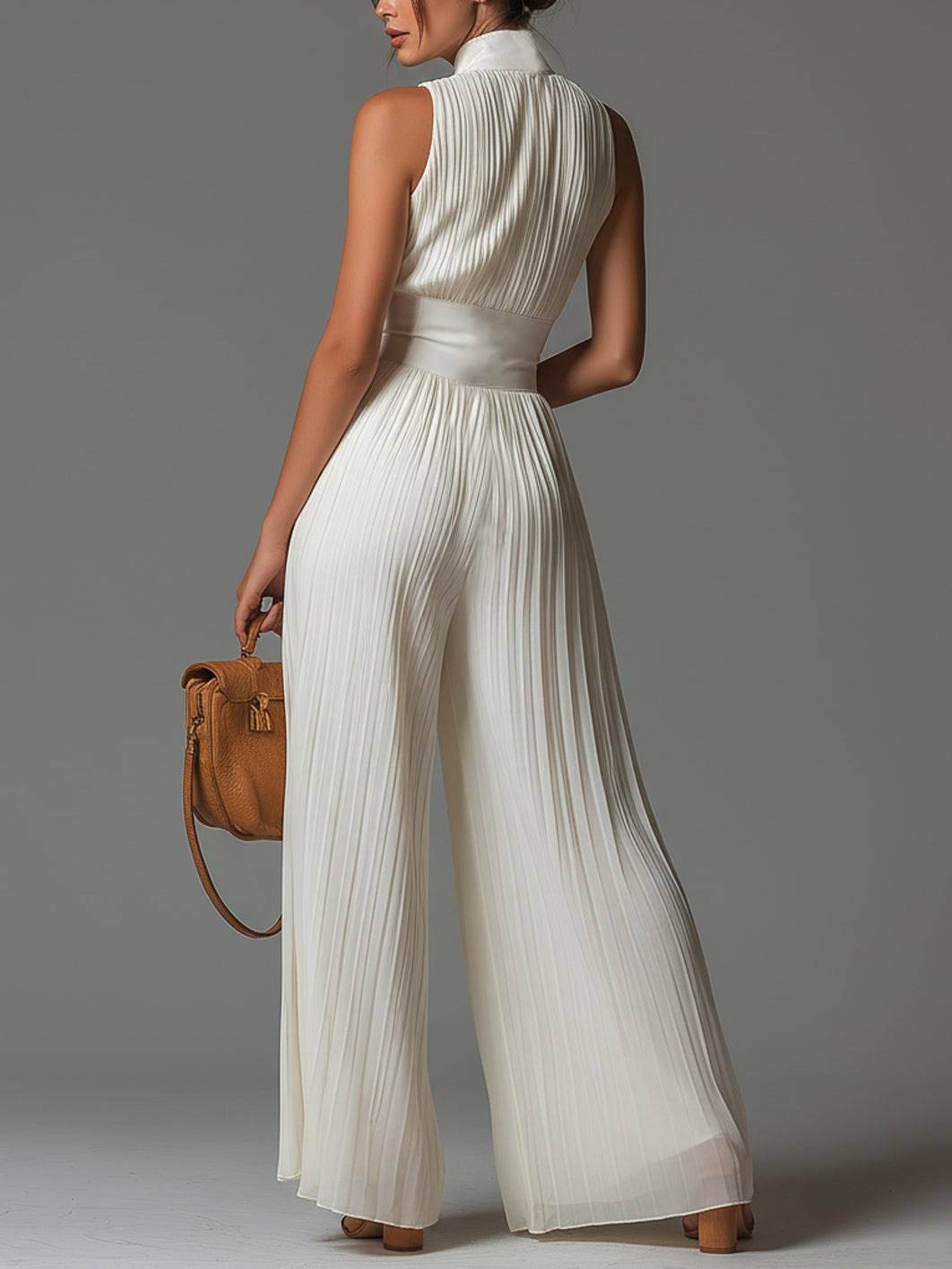 Combinaison sans manches blanche à col en V, zip, plis et jambes larges en chiffon, de la marque Danoir Paris.