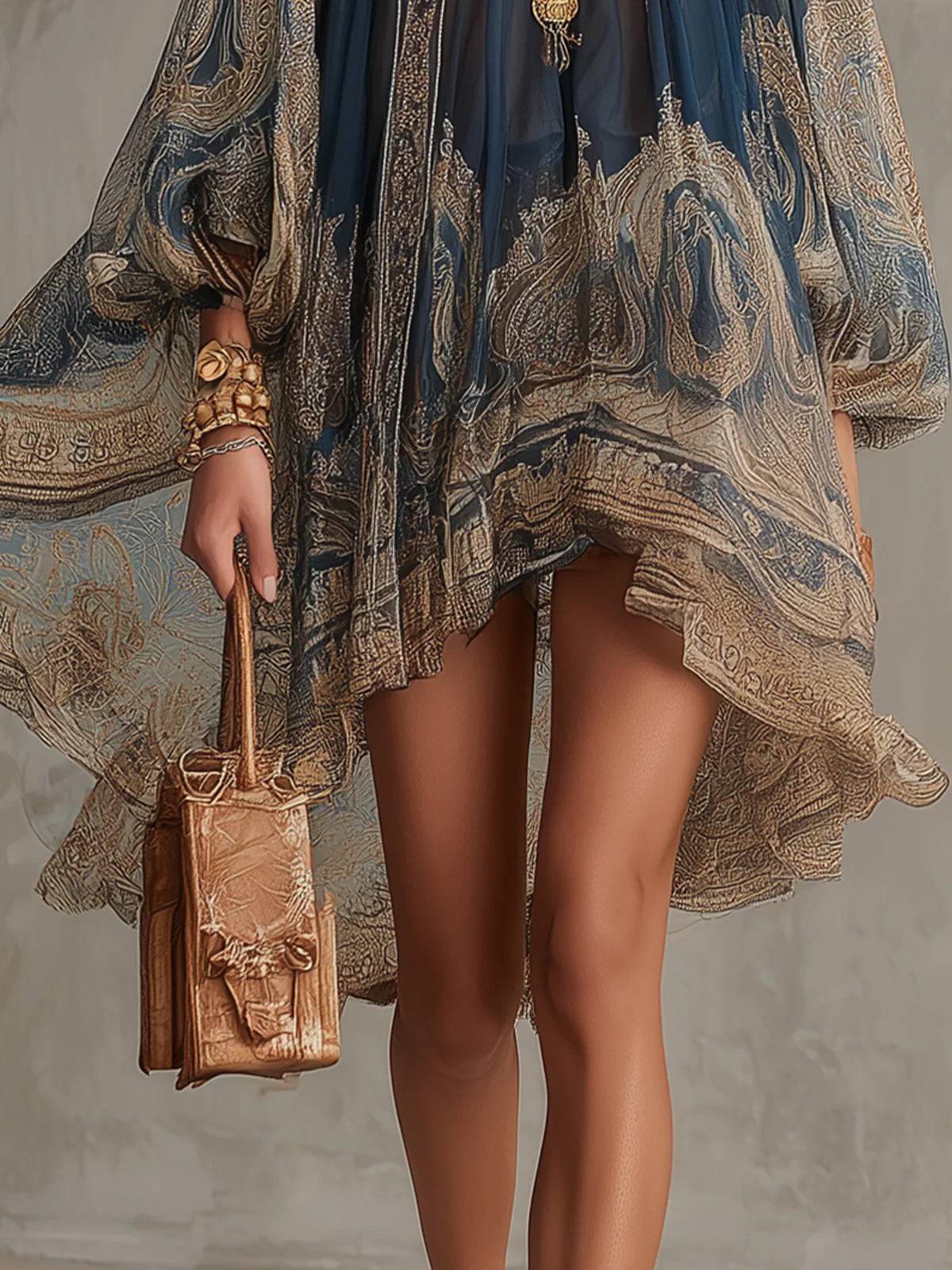 Robe courte en chiffon bleu marine à imprimé baroque, col montant, coupe irrégulière, par Danoir Paris.
