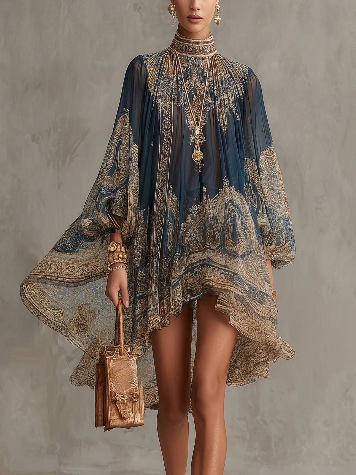 Robe courte en chiffon bleu marine à imprimé baroque, col haut et coupe irrégulière, par Danoir Paris.