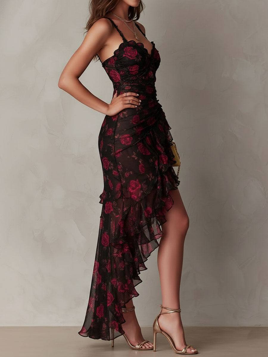 Robe florale noire et rouge Danoir Paris avec drapés et ourlet à volants, style chic et féminin.