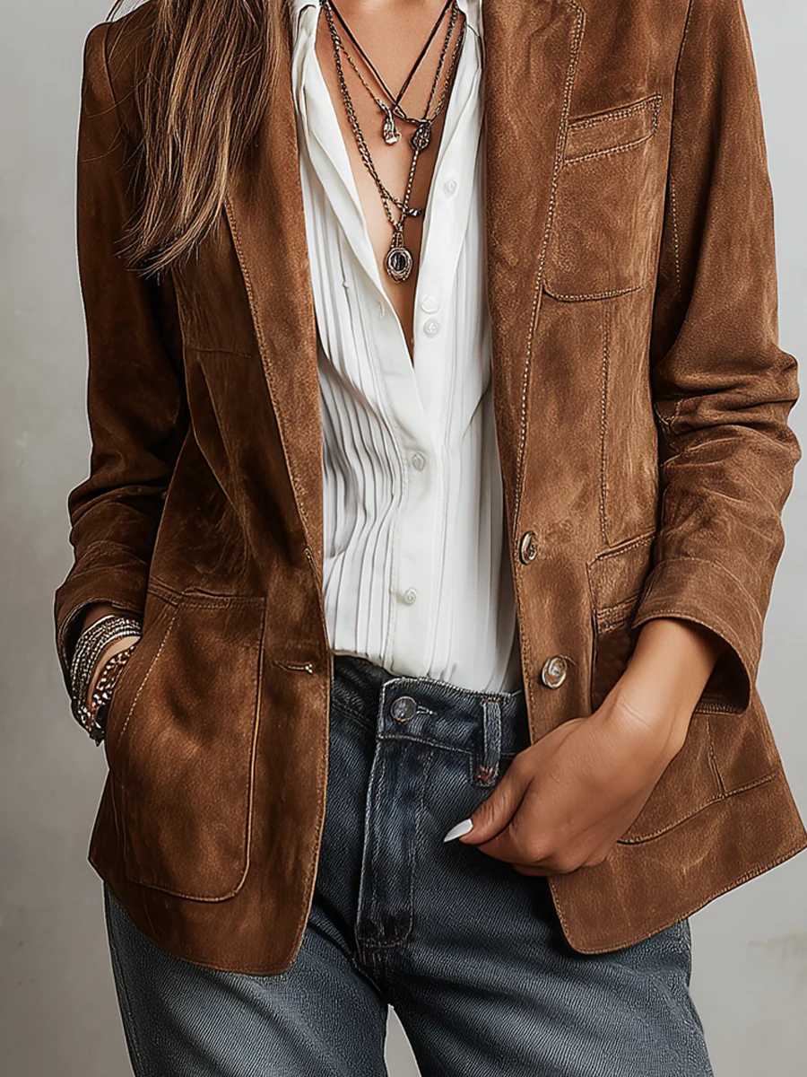 Blazer vintage marron Marcelle par Danoir Paris, veste élégante en tissu, détails classiques, porté sur un mannequin.