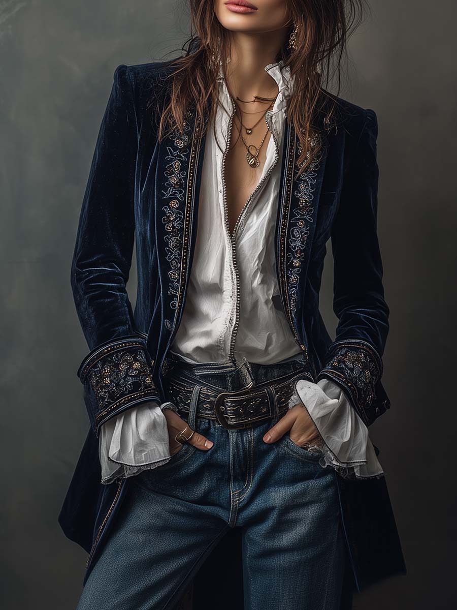 Veste longue brodée Athénaïs Danoir Paris en tissu bleu marine, blazer vintage élégant avec broderies détaillées.