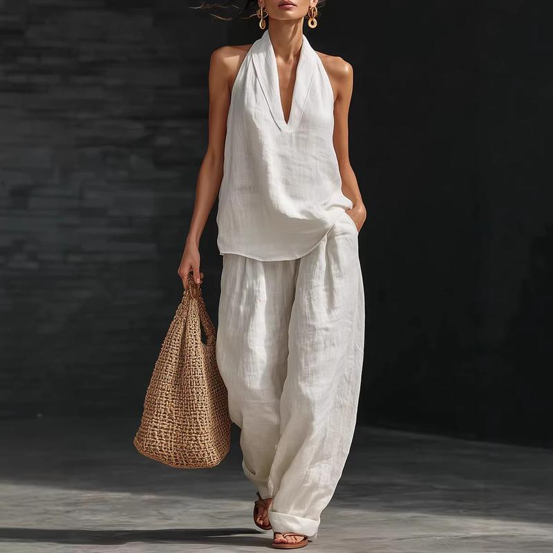 Ensemble deux pièces Danoir Paris Ainhoa en tissu linen avec texture, comprise d'un haut et d'un pantalon élégants.