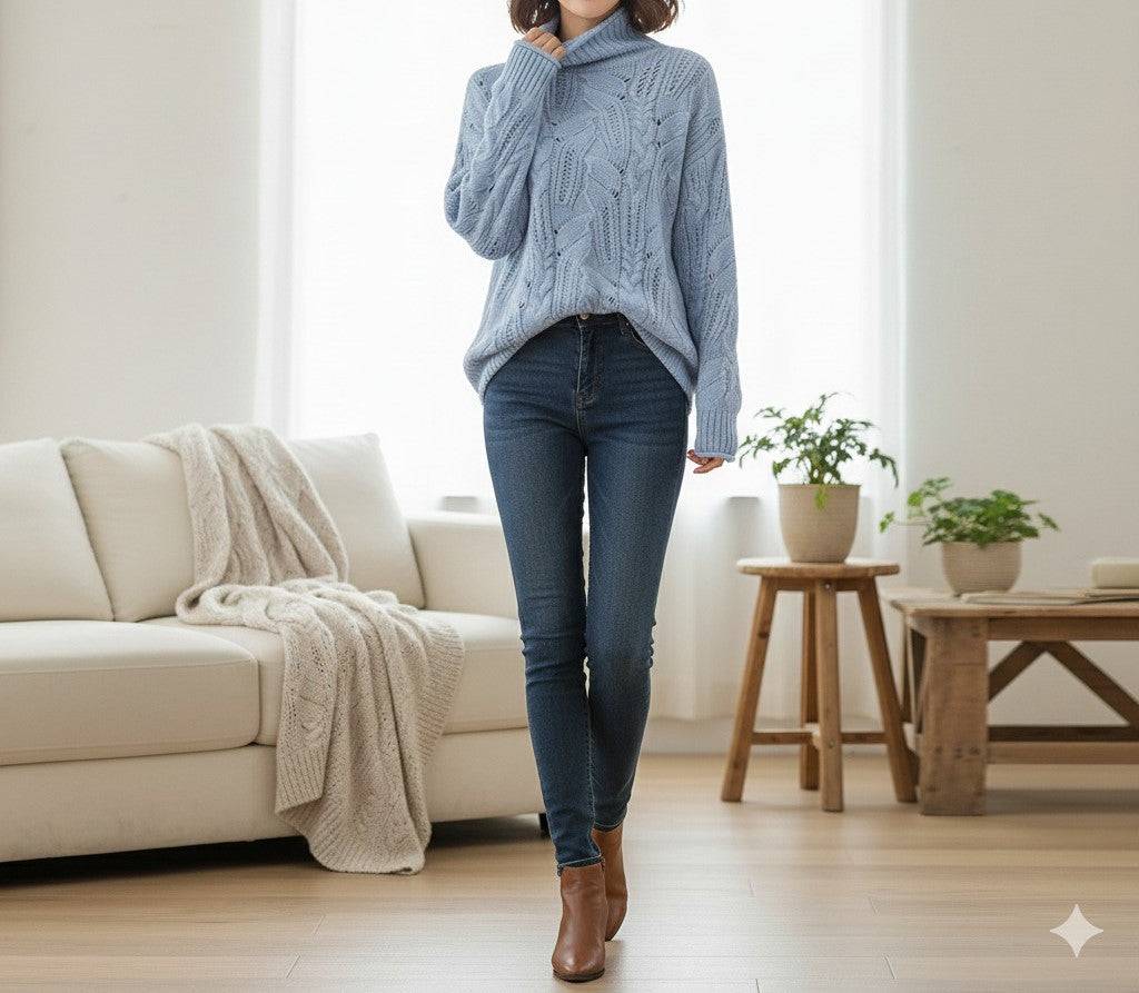 Pull col roulé Karin de Danoir Paris, doux et chaud, en laine gris clair porté sur une mannequin.