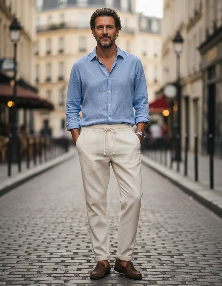 Pantalons élégants en lin Lago de Danoir Paris, coupe fluide et tissu léger, parfaits pour un look chic et confortable.