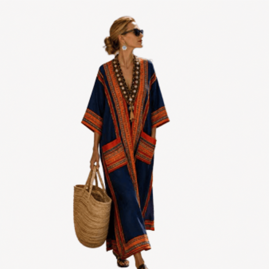 Caftán long Danoir Paris en tissu léger avec motifs floraux, portée élégamment sur fond neutre.