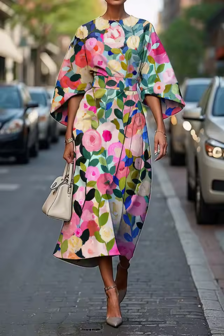 Robe florale élégante Danoir Paris Moxlan, modèle #1148, détail de la robe à motifs floraux.
