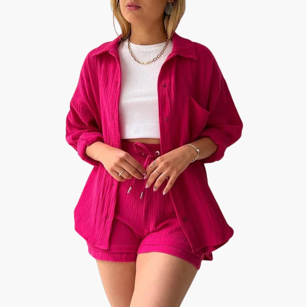 Ensemble 2 pièces Délya Danoir Paris en beige, vêtements confort et élégant pour femme, vue de face.