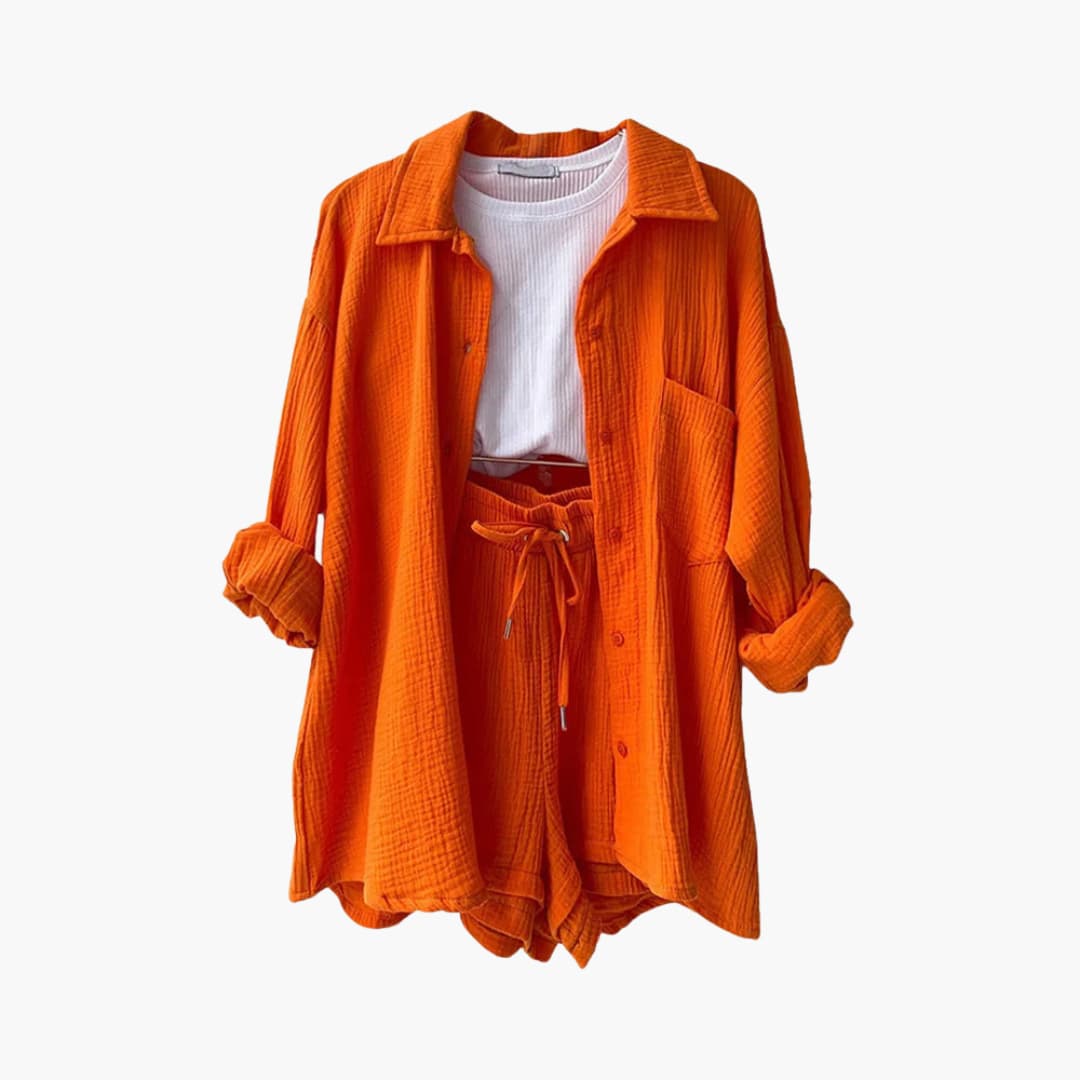 Ensemble 2 pièces Danoir Paris Délya en beige, vêtement élégant et confortable pour femme.
