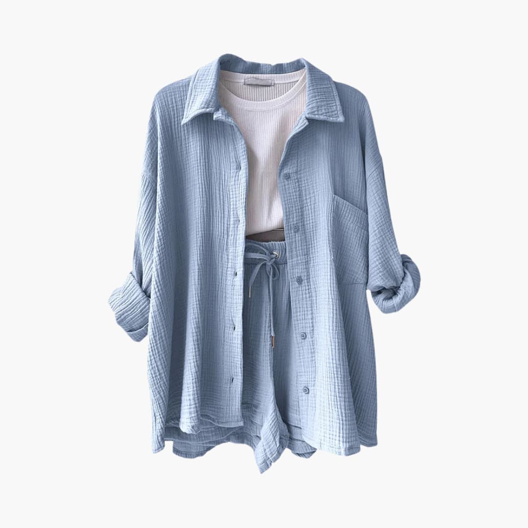 Ensemble Délya 2 pièces Danoir Paris en beige, vêtements confort et élégant pour femme, image montrant le haut et le bas.