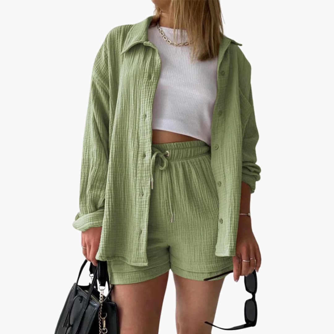 Ensemble Délýa de Danoir Paris, 2 pièces beige confortable et élégant, vue de l'ensemble porté ou plié.