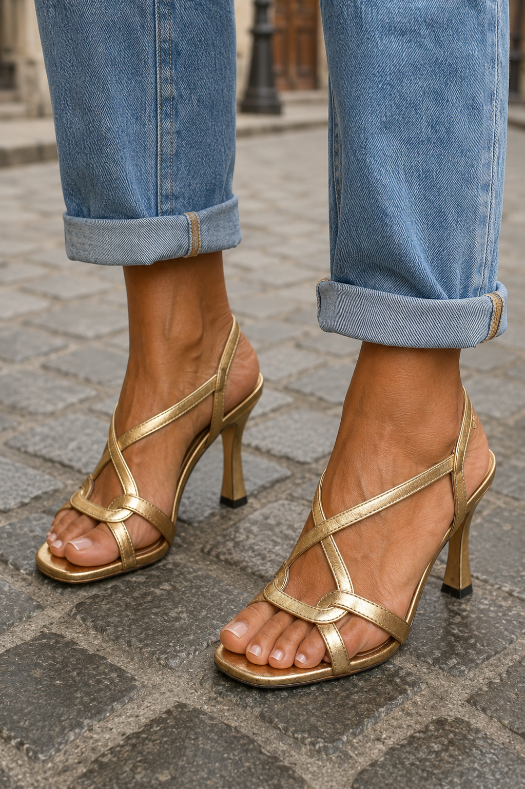 Sandales dorées Elisabetta de Danoir Paris, style estival avec bride élégante et semelle confortable, parfaites pour l'été.
