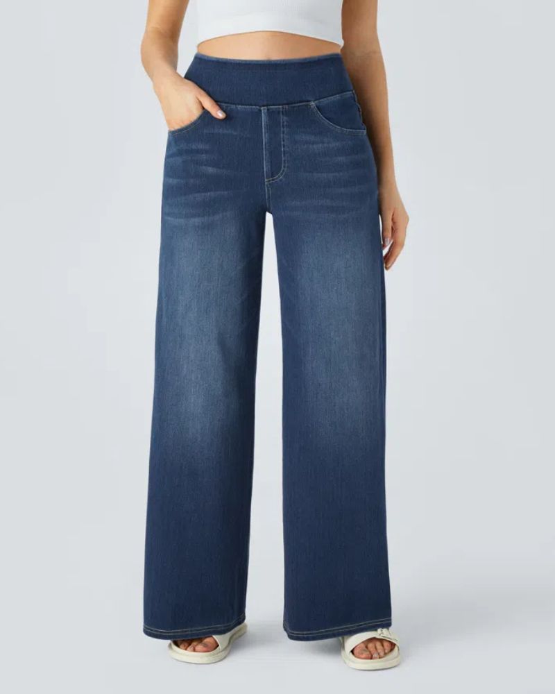 Jeans Danoir Paris Ainsley à jambe large, confortables, en tissu gris et bleu, issus de la collection #844.