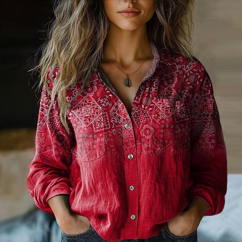 Blouse vintage élégante Valentina de Danoir Paris, en tissu rouge avec détails sophistiqués, vue de face.