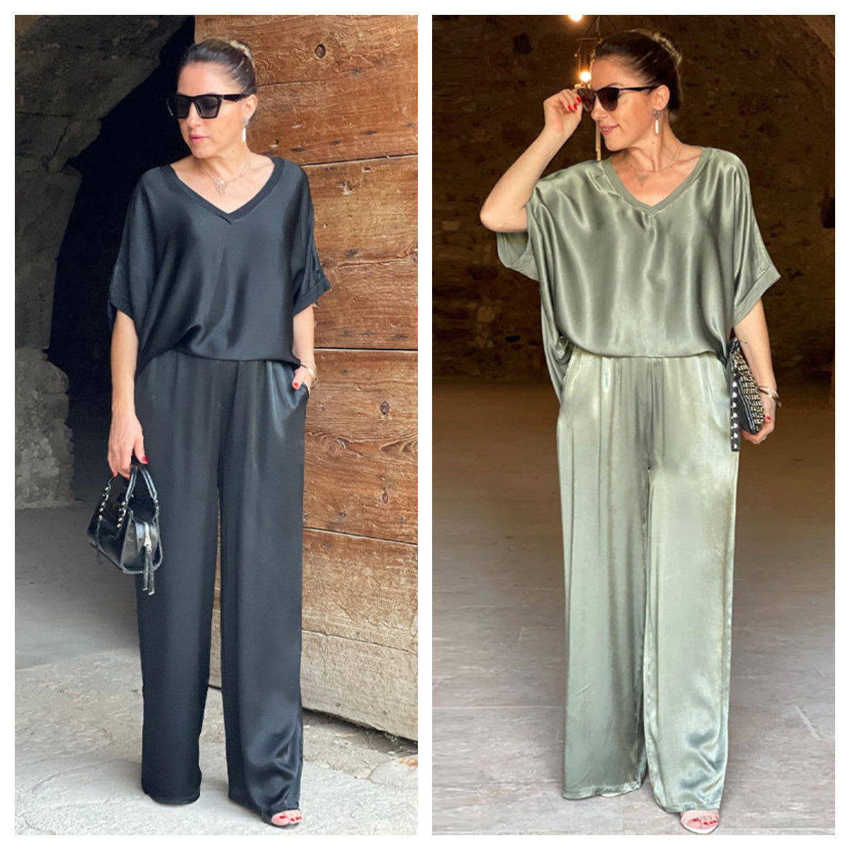 Ensemble satin brillant Pauline de Danoir Paris, vêtement élégant avec tissu satiné brillant, vert, taille XS.