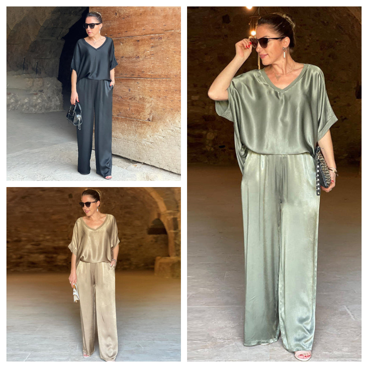Ensemble satin brillant Pauline de Danoir Paris, vêtement et accessoires, couleur vert, taille XS, tissu élégant et brillant