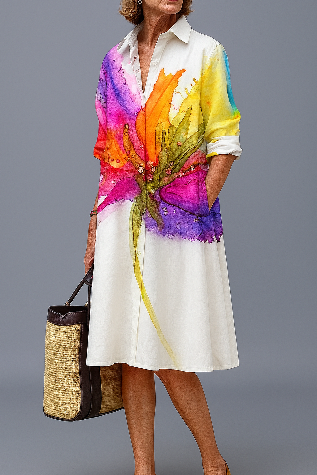 Robe midi élégante et soignée Danoir Paris, abito multicolore avec coupe sophistiquée, portée parfaite pour une occasion spéciale.
