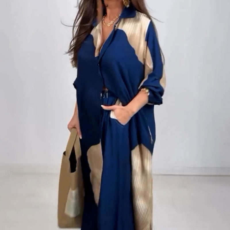 Ensemble décontracté Danoir Paris Norélie en tissu abricot et gris, élégant et confortable pour un style chic décontracté.