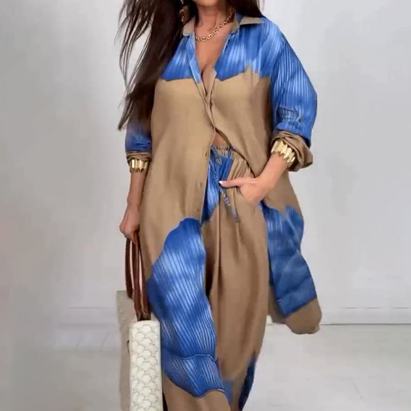 Ensemble décontracté élégant Norélie de Danoir Paris avec tissu abricot et gris, porté pour un look chic et confortable.