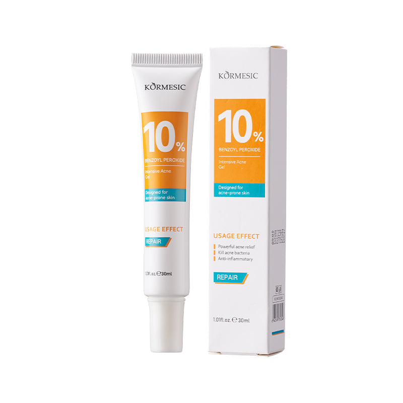 Gel anti-acné Danoir Paris KORMESIC 10% Benzoyl Peroxide, tube de 30 ml pour traitement intensif de l'acné.