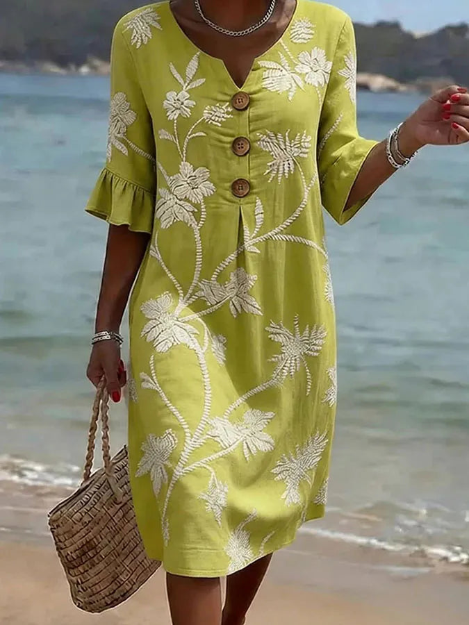 Robe décontractée pour femme Danoir Paris avec imprimé floral jaune, vêtement léger et confortable pour l'été.