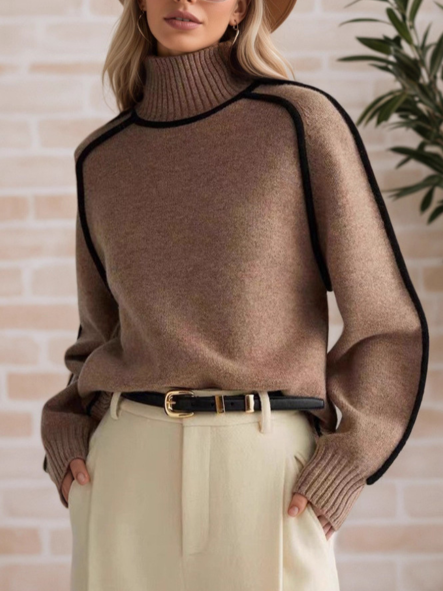 Pull élégant à col haut Donna de Danoir Paris, pull automne marron, taille XS, en laine douce, porté sur un mannequin.