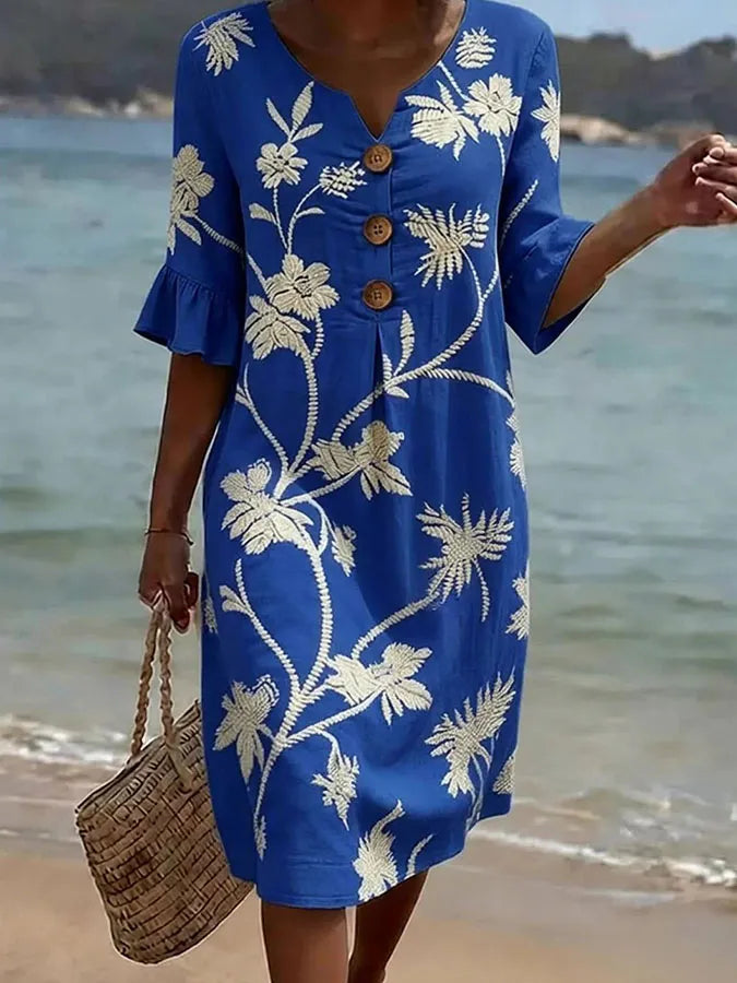 Robe décontractée pour femme Danoir Paris avec imprimé floral bleu, tissu léger et style confortable pour l'été.