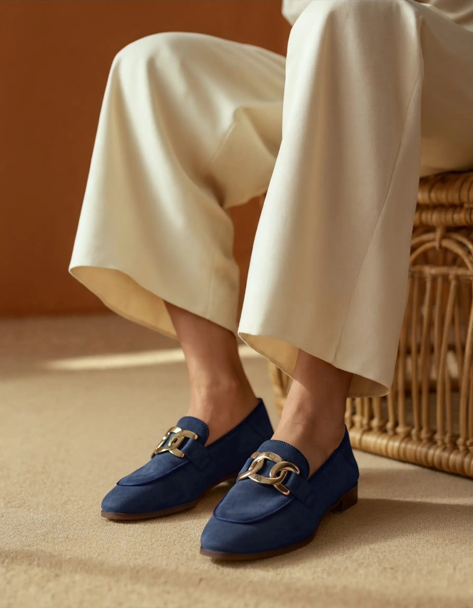 Mocassins Duchess en daim beige de Danoir Paris, chaussures élégantes pour femme, vue en gros plan.