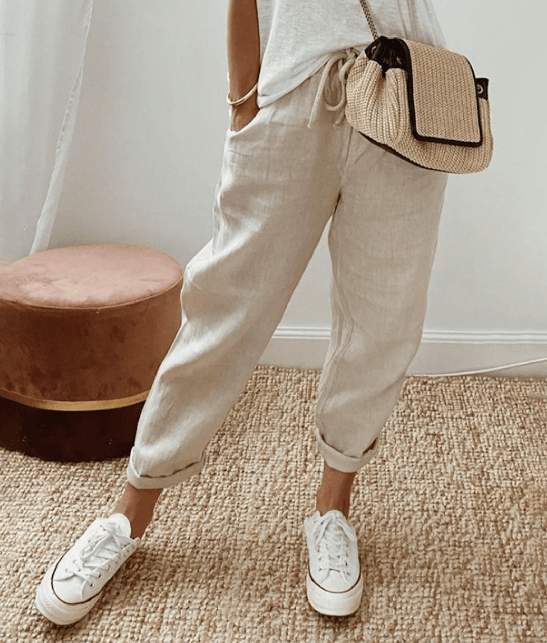 Pantalons confortables et élégants Zoé de Danoir Paris en beige avec motif circulaire, pour un style chic et décontracté.