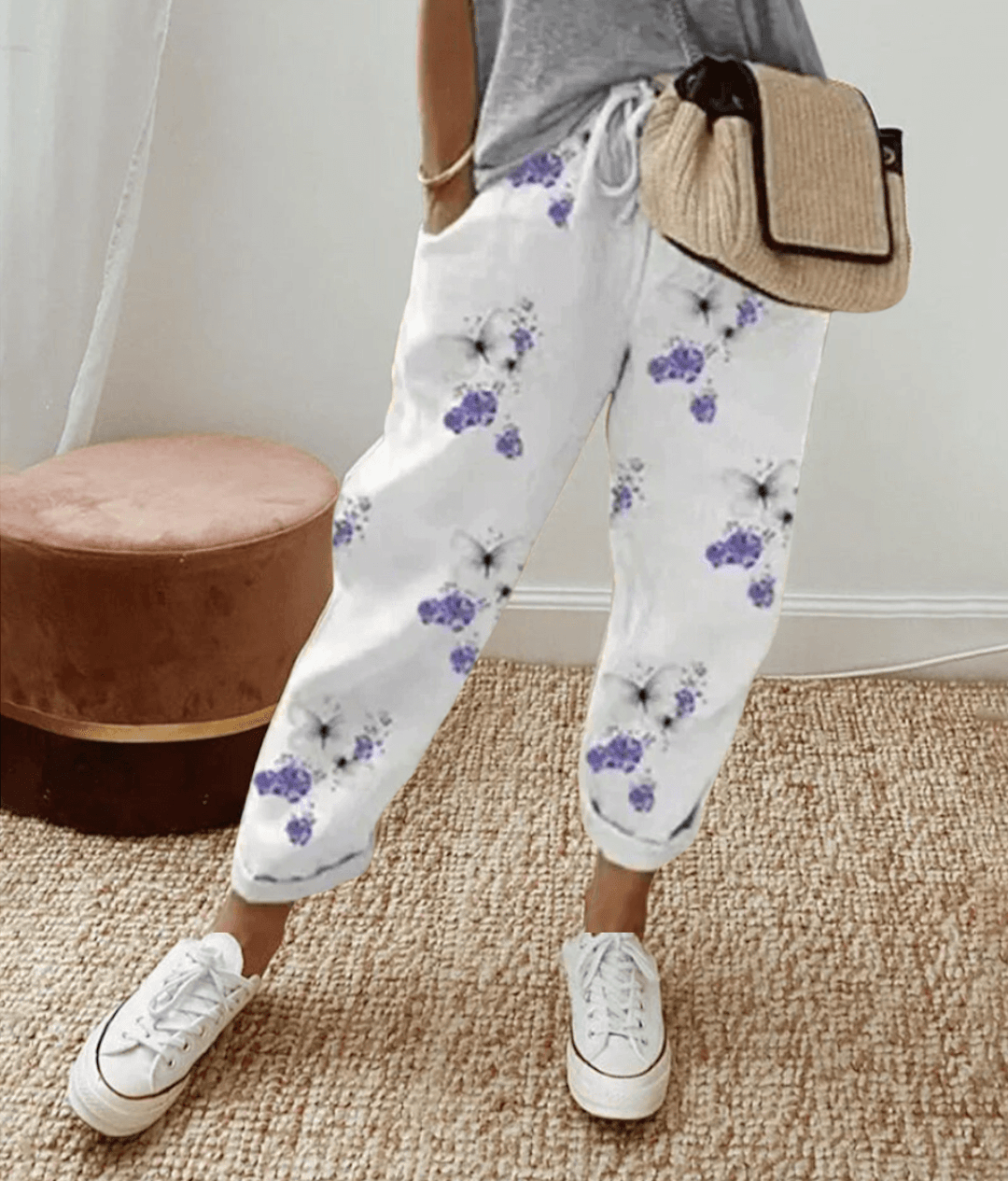 Pantalons confortables et élégants Zoé de Danoir Paris en beige avec motif circulaire, vues en détail.