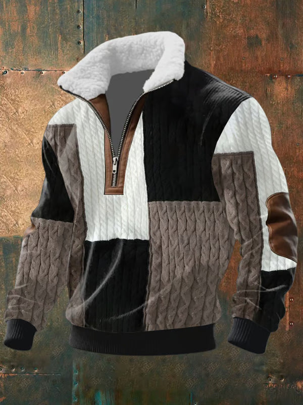 Pull zippé à col montant fourré Danoir Paris, beige et noir, pour homme, tissu chaud et confortable.
