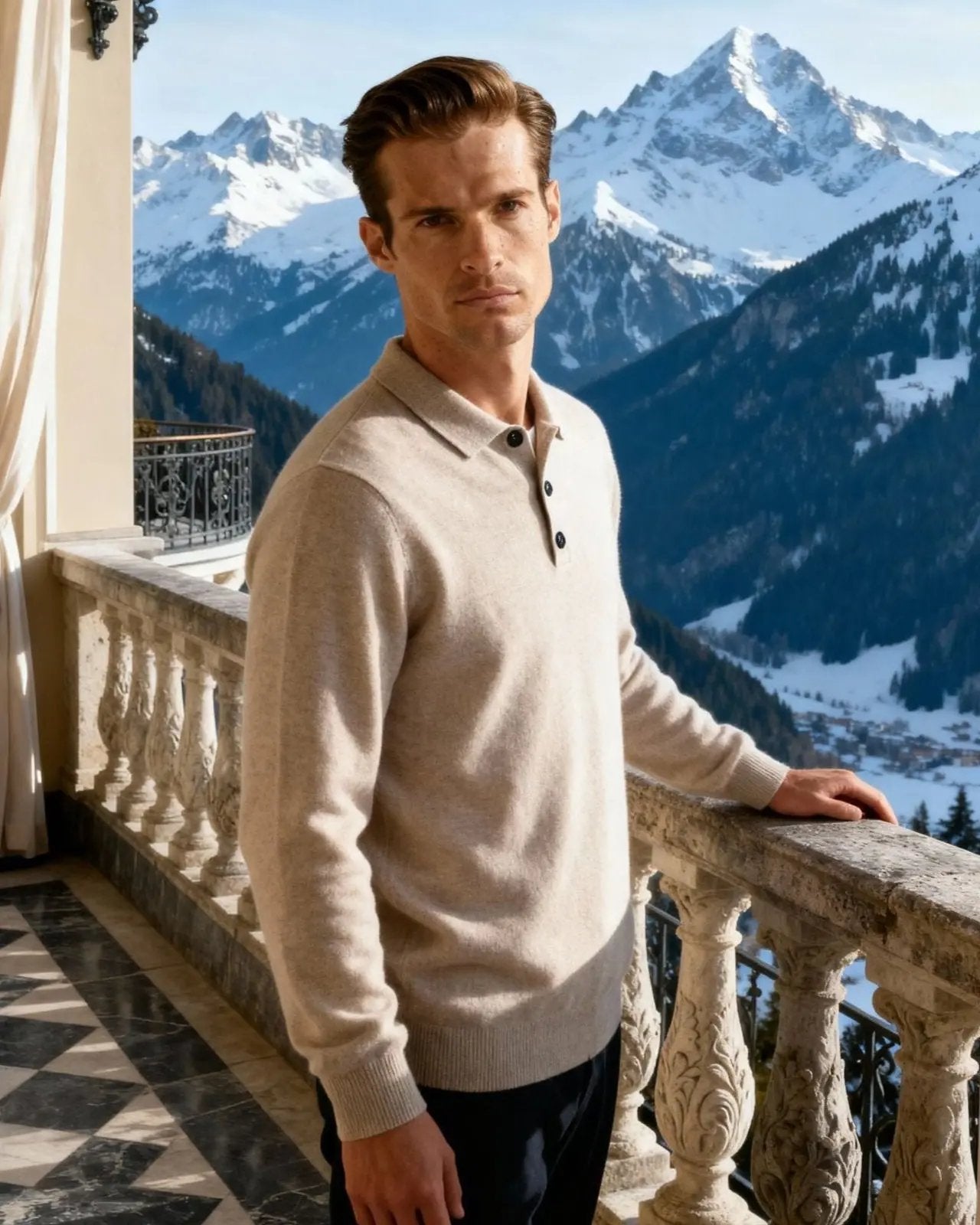 Pull en cachemire beige Danoir Paris, polo 100 % cashmere, avec col et manches longues, porté sur un fond neutre.