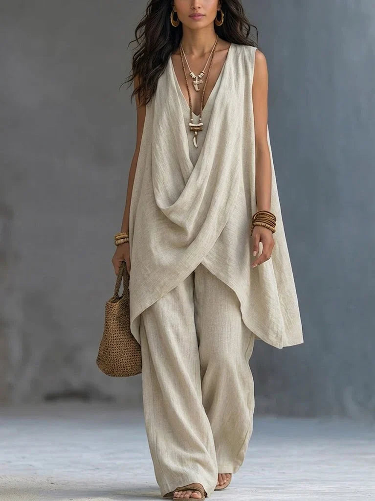 Ensemble décontracté en coton et lin de style bohème beige de Danoir Paris, vêtement ample pour un look chic et confortable.