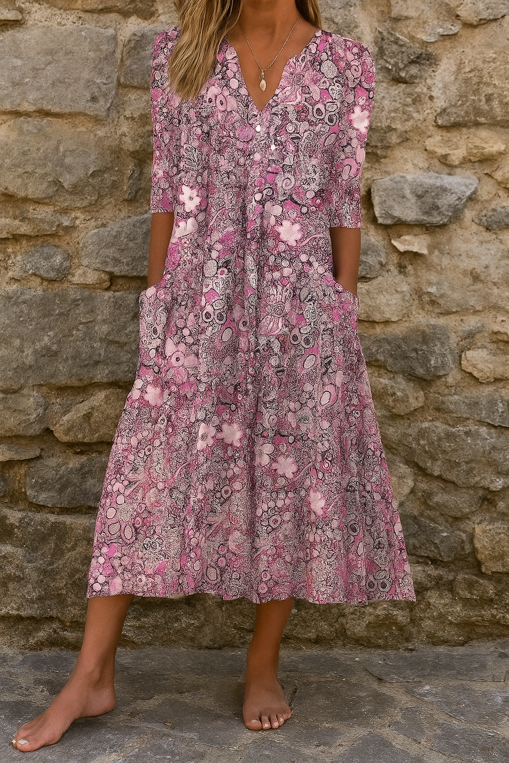 Robe midi imprimée Élise de Danoir Paris avec col V, longueur au genou, tissu léger beige et motifs floraux.