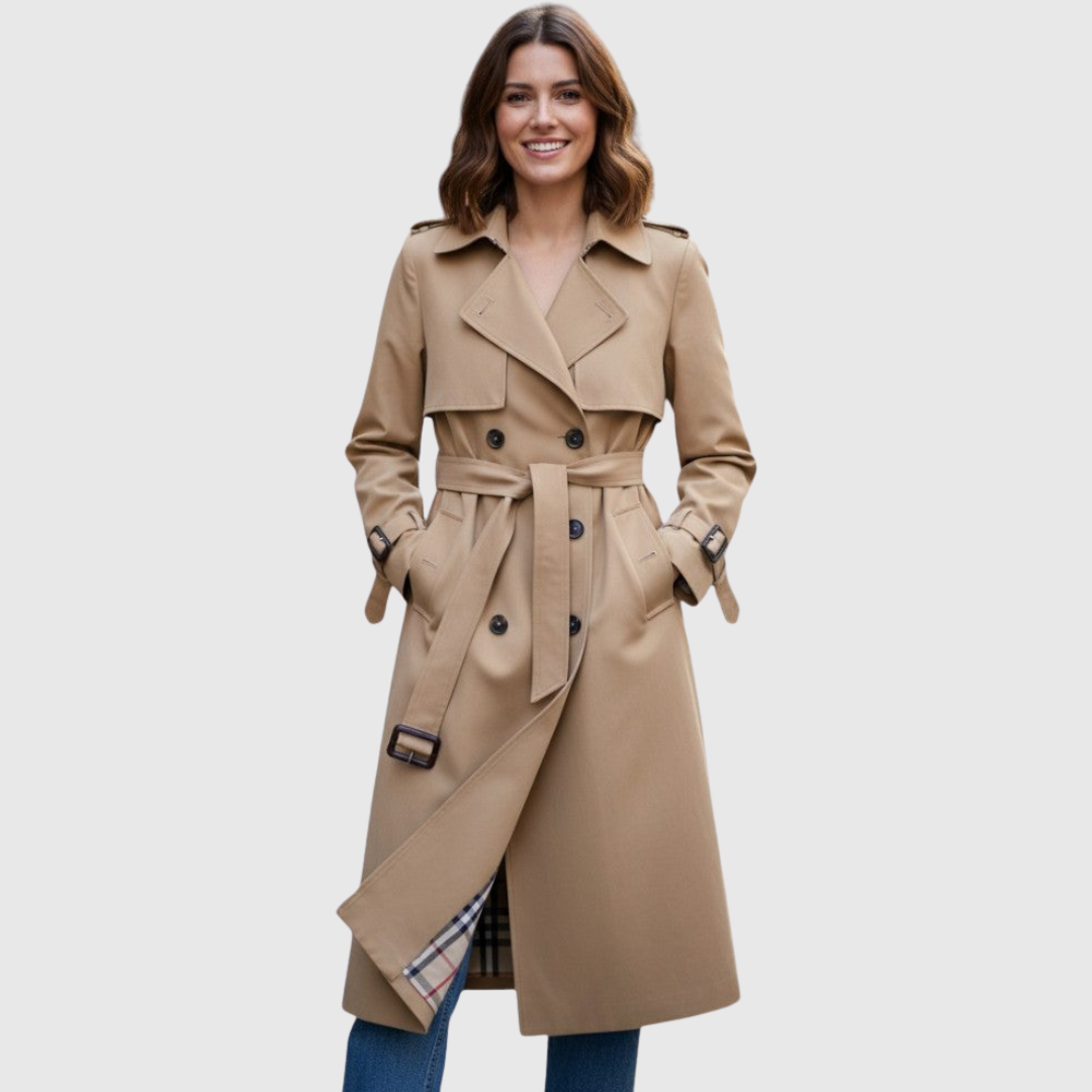 Trench-coat classique Jakarta™ beige de Danoir Paris, style élégant avec ceinture et boutons, en tissu léger.