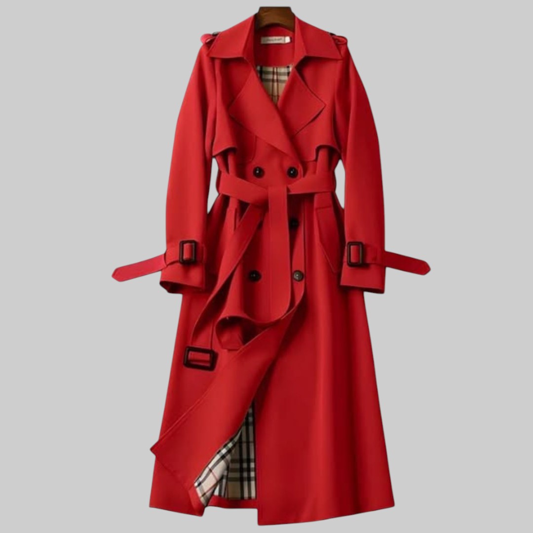 Trench-coat classique Jakarta™ beige de Danoir Paris, veste élégante avec ceinture et col classique, vue de face.