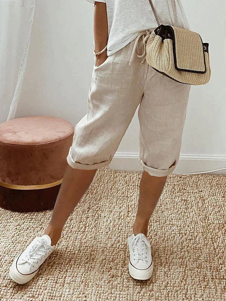 Shorts pour femmes en coton lin de Danoir Paris, couleur beige, avec offre 1+1 gratuit, style confortable et léger.