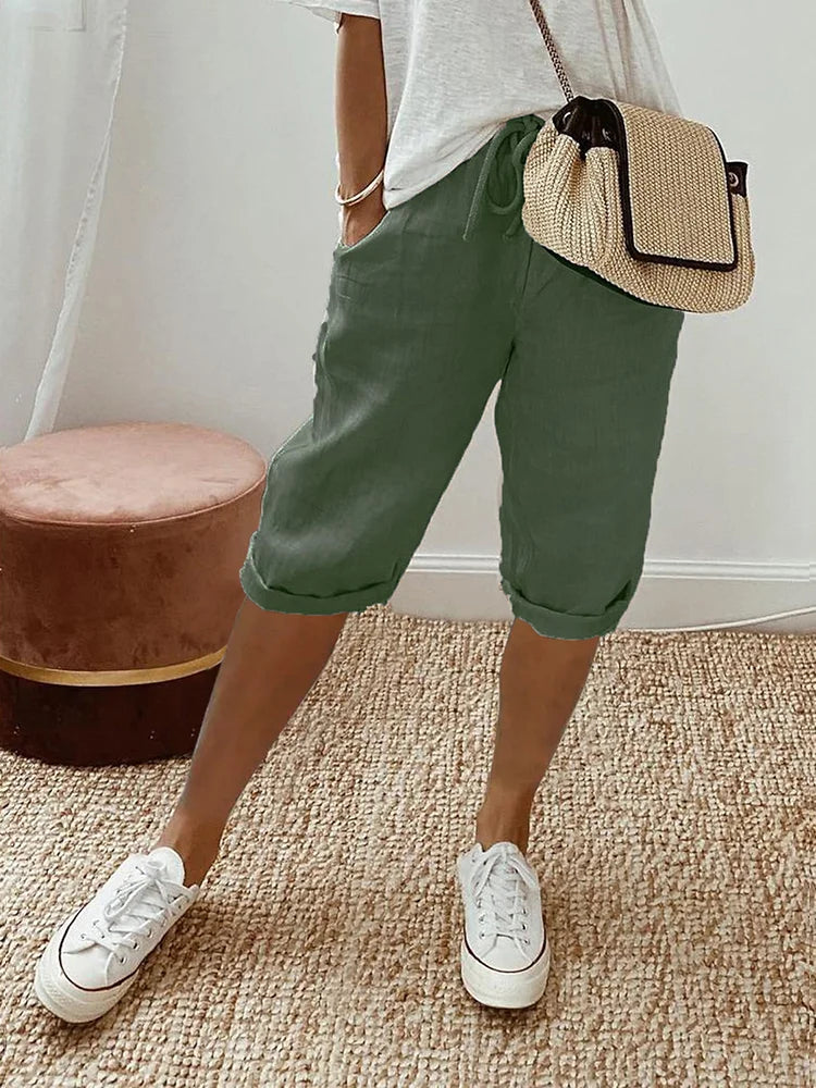 Shorts pour femmes en coton lin de Danoir Paris, modèle Laluna®, beige, confortables, avec offre 1+1 gratuite.