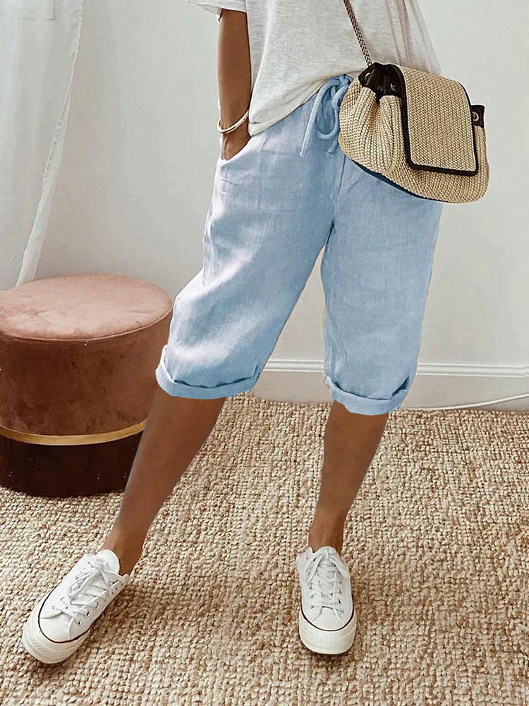 Shorts en coton lin naturel pour dames de la marque Danoir Paris, couleur beige, style décontracté, lot 1+1 gratuit