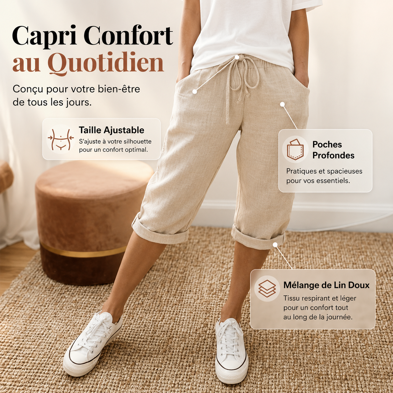 Shorts pour femmes en coton et lin Laluna® Danoir Paris, beige, taille S, avec offre 1+1 gratuit, image claire du produit