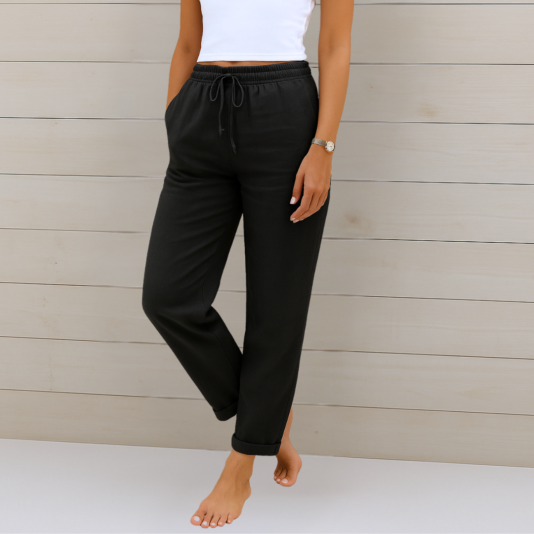 Pantalons stretch respirants Danoir Paris Maja en lin beige, coupe élégante et confortable pour un style décontracté.