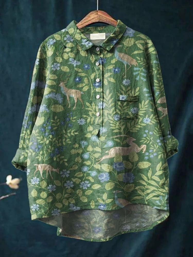Chemise Olivia Danoir Paris à motif floral forêt beige, col classique et manches longues, tissu léger et élégant.