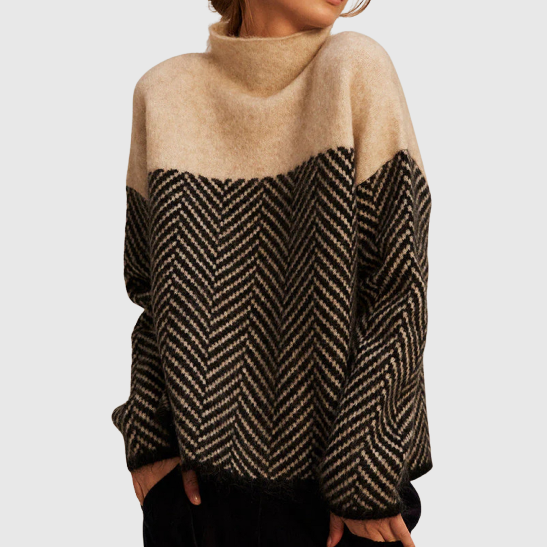Pull en coton beige Norah de Danoir Paris, à col montant, taille unique, douceur et style élégant visible sur l'image.