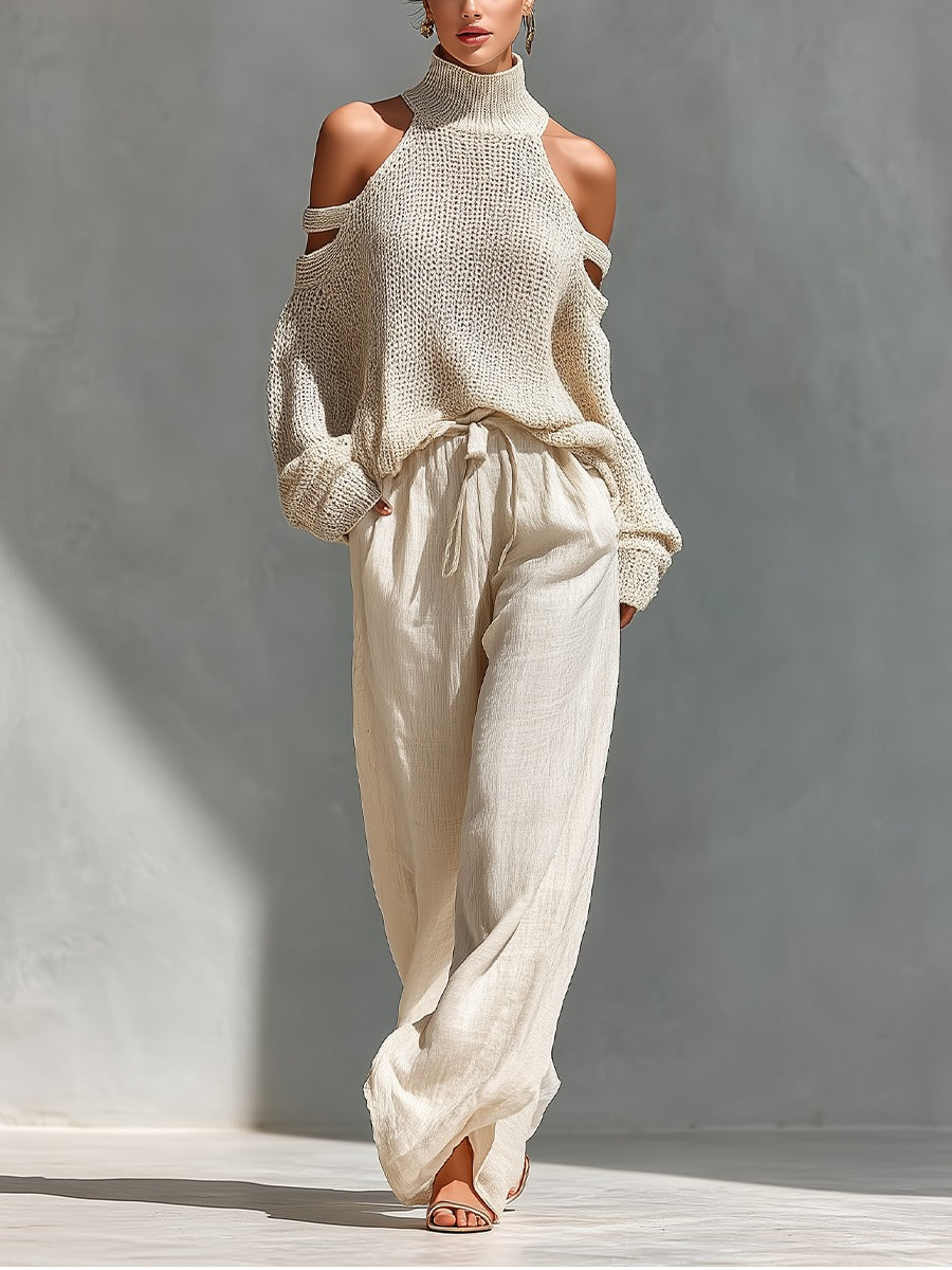 Ensemble deux pièces beige Alessia de Danoir Paris, haut court et pantalon à épaules dénudées, vue en détail.