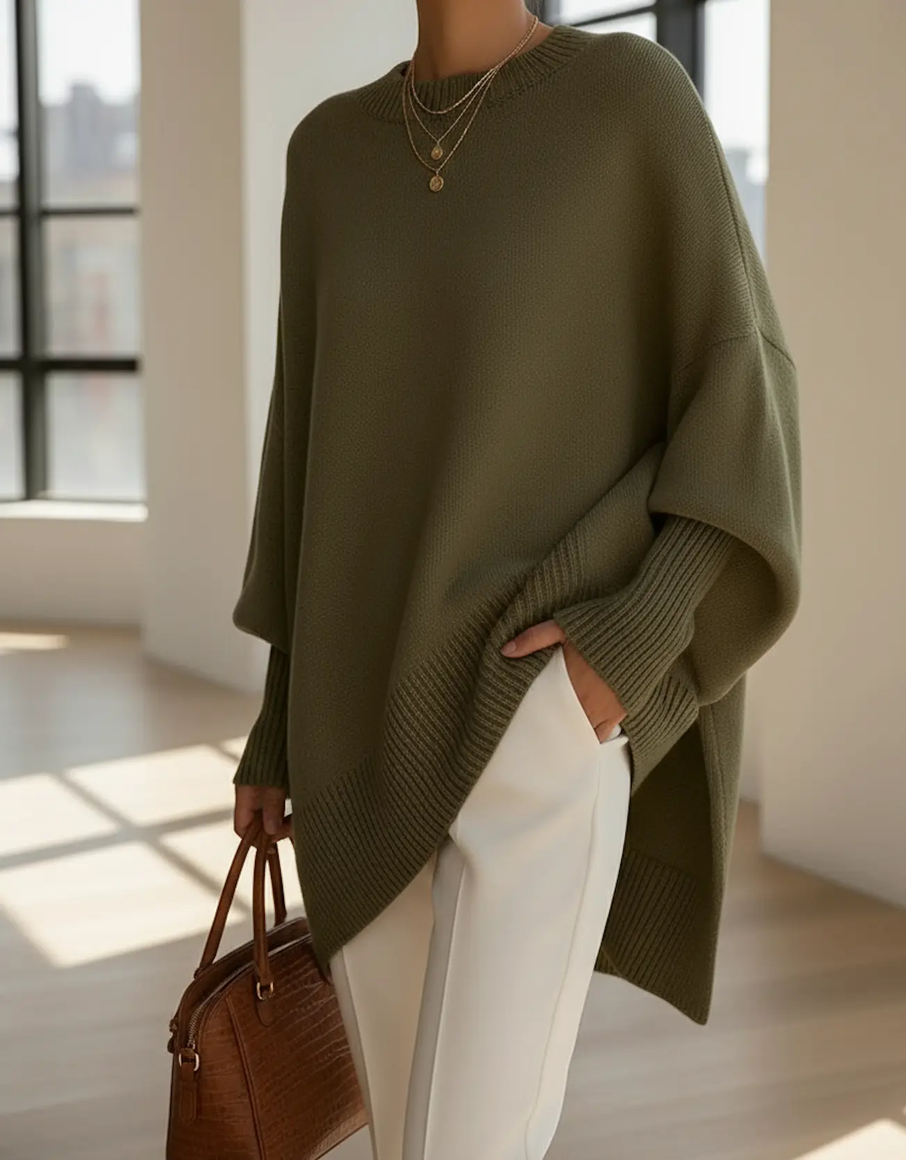 Pull beige Danoir Paris, coupe classique, en tissu doux, porté sur un mannequin.