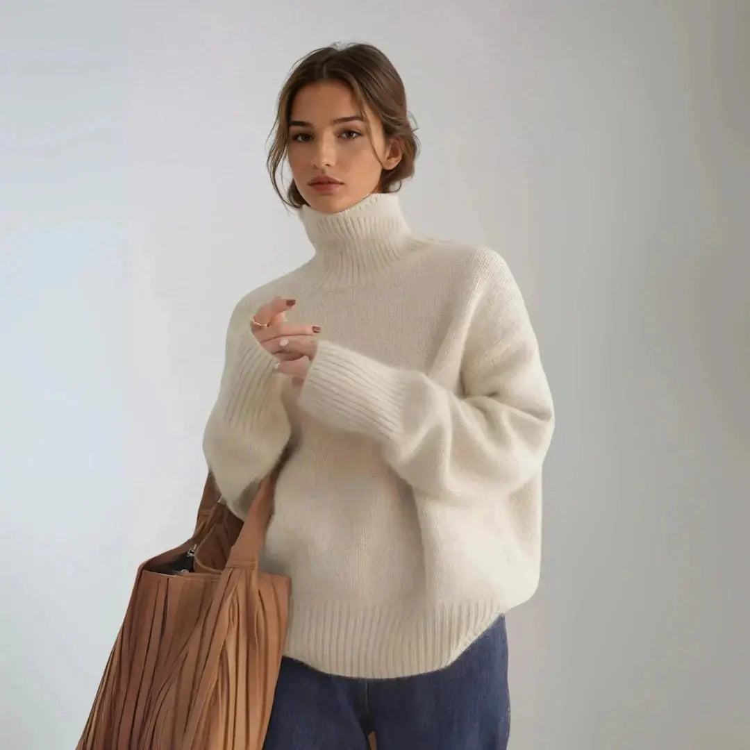 Pull col montant en cachemire beige Isabella de Danoir Paris, vue de face avec détails du tissu doux et élégant.