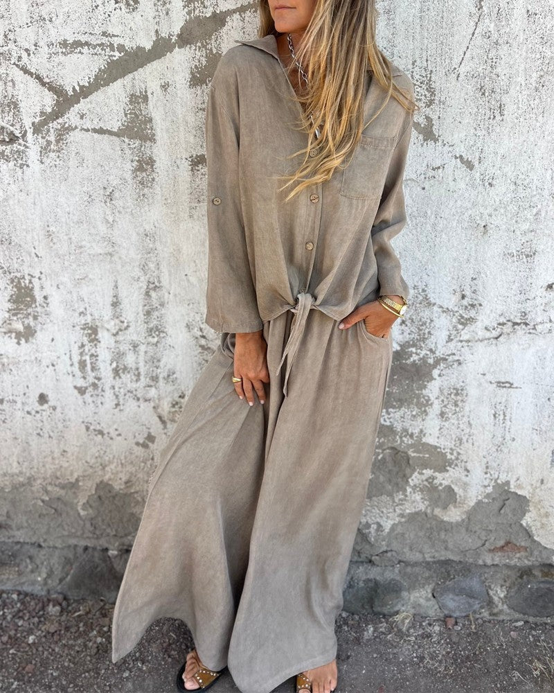 Ensemble deux pièces Quitte beige de Danoir Paris, vêtement polyvalent pour femmes, porté sur un mannequin.