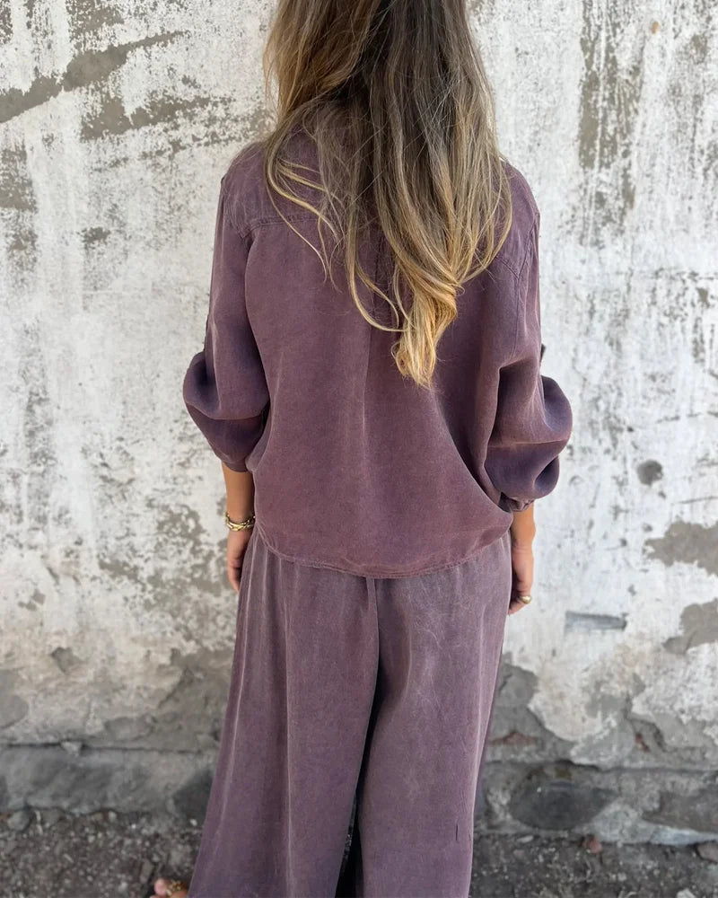Ensemble deux pièces Quitte de Danoir Paris en beige, vêtement polyvalent pour femmes, vue frontale sur mannequin.