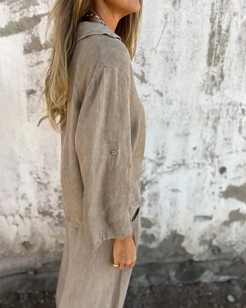 Ensemble printemps Sara de Danoir Paris, style polyvalent, en beige, taille XS, vue de face sur fond neutre.